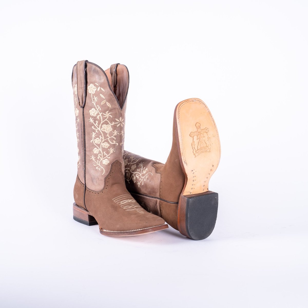 TANNER MARK WOMEN’S Turn - in Crazy Brown Cowgirl Boots With Floral Embroidery Top - Rancho Sementalvariable